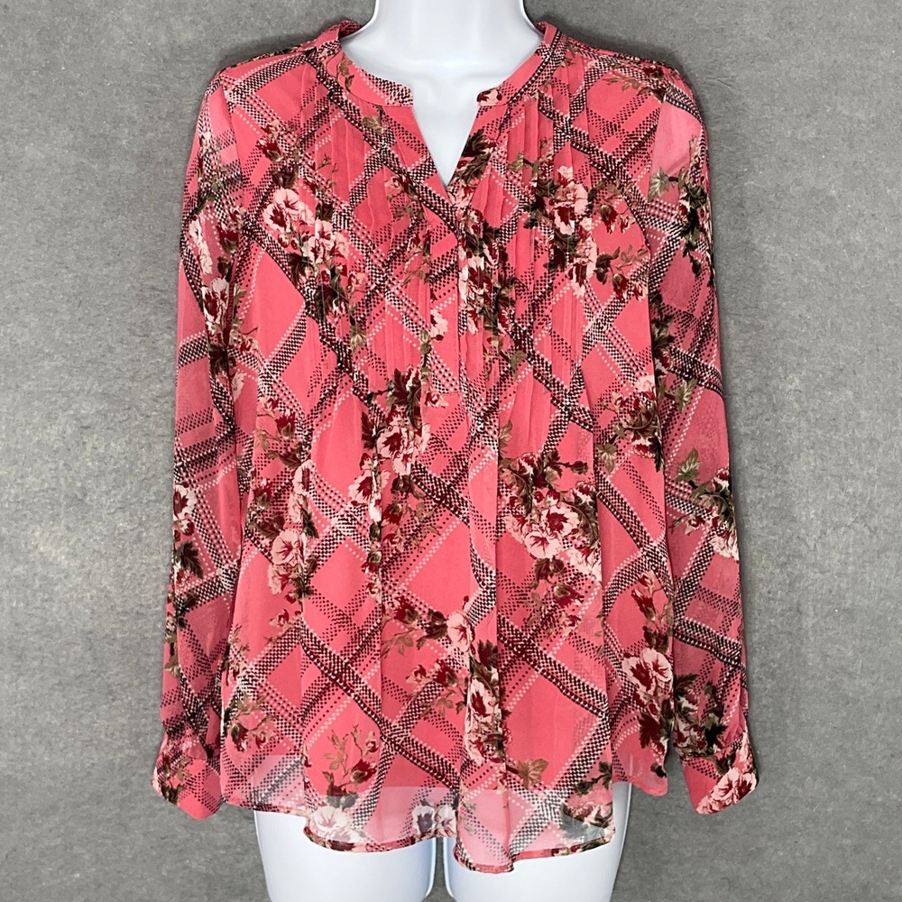 Charter Club Top Womens Petite Sz S Floral Pink Plaid Pintuck Career Feminine
